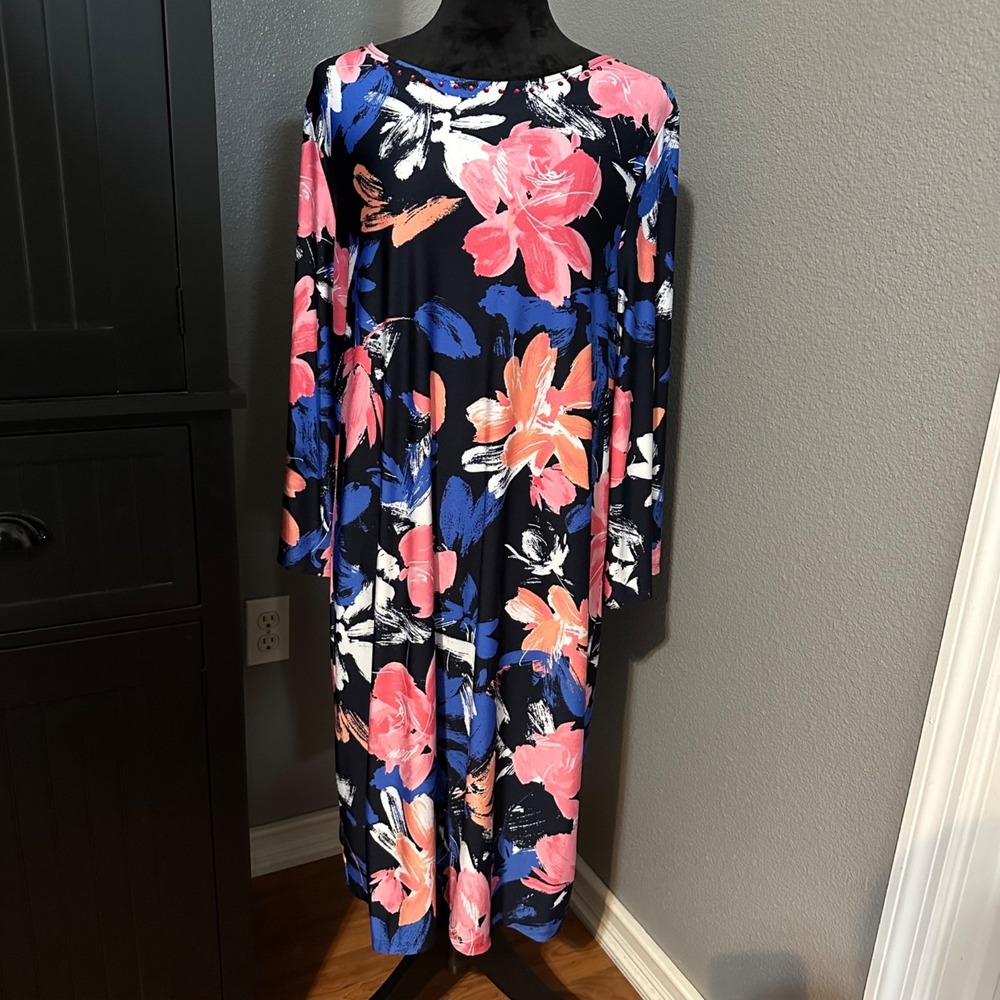 Ruby Rd. Dress XL Floral Print Navy Blue Pink‎ 3/4 Sleeve Embellished Feminine
